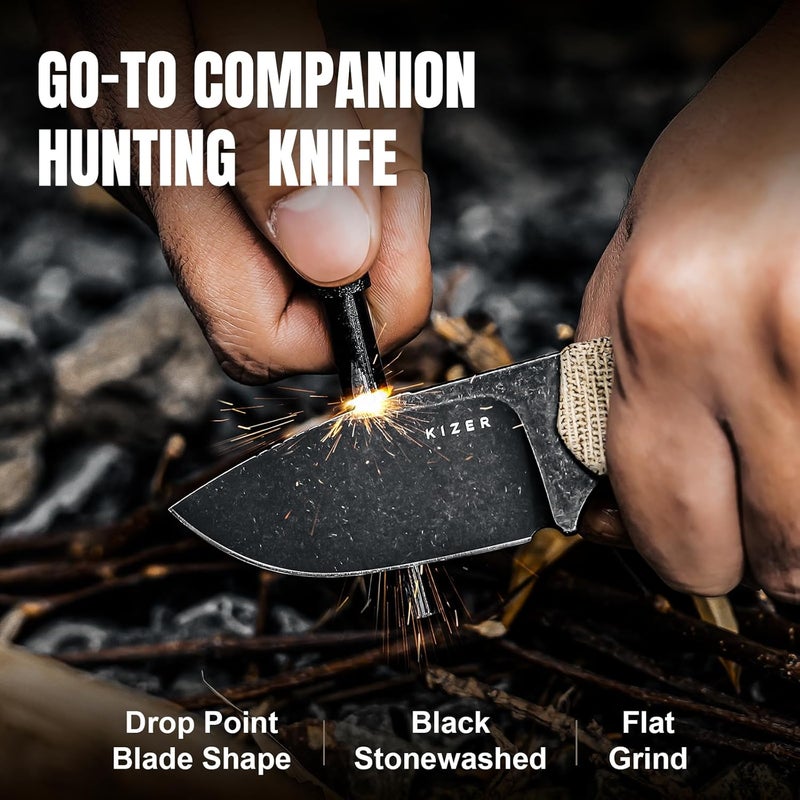 KIZER Beaver Fixed Blade Knife with Sheath, 2.75" D2 Steel Blade EDC Fixed Blade Camping Knife with Brown Micarta and Black G10 Handle, Small Bushcraft Survival Hunting Knives for Men Women, 1078M2 - Image 2